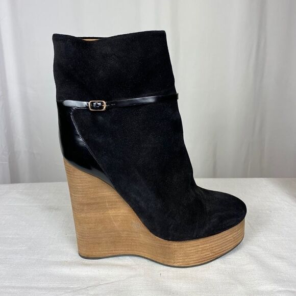 Chloe Crosta Suede Wood Platform Wedge Booties - Picture 1 of 5
